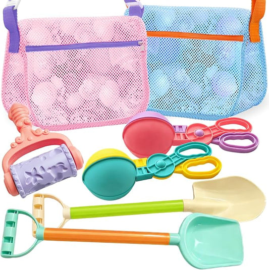 Beach Toy Mesh Beach Bag, 2Pcs Seashell Collecting Bags with Adjustable Shoulder Straps - 2pcs Sand Maker, Detachable Beach Shovels & Sand Rolling Mold, Outdoor Toys and Gifts for Kids