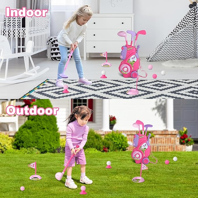 Toddler Golf Set for Girls Boys 2 3 4 Years Old, Upgraded Kids Golf Cart with 3 Clubs & 8 Balls, Outdoor Indoor Sports Toys Birthday Gift, Pink