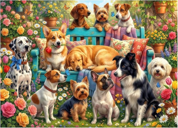 Garden Dogs Gathering Puzzles for Adults 1000 Pieces,Impossible Challenging Jigsaw Puzzles for Adults,Colorful Floral Puppy Party Art,Friends Family Activity Game Nights Gifts(27.6" x 19.7")