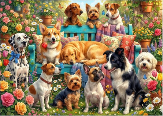 Garden Dogs Gathering Puzzles for Adults 1000 Pieces,Impossible Challenging Jigsaw Puzzles for Adults,Colorful Floral Puppy Party Art,Friends Family Activity Game Nights Gifts(27.6" x 19.7")