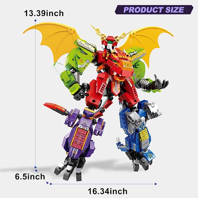 4-in-1 Dinosaur Mecha Robot Building Block Set, 4 Animal Shapes Transformable Mech, Cool Creative Robot Toy Gift, Suitable for Boys & Kids Over 6 Years Old(904 PCS)