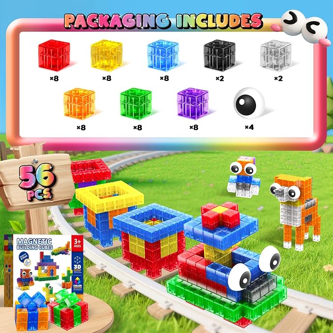 Goody King Magnetic Blocks with Toy Eyes, Transparent Magnetic Cubes,Montessori Sensory STEM Magnetic Cubes for Kids, 1''Travel Magnetic Blocks for Toddlers 3+ Year Old Boys Birthday Girls(56PCS)