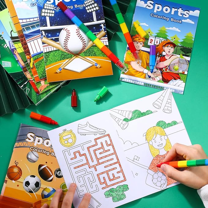 BenLouis 24 Pcs Sports Mini Coloring Books Kids Football Basketball Soccer Baseball Party Favors Small Activity Books Bulk for Kids Sports Birthday Goodie Bags Stuffers Return Gifts Classroom Travel