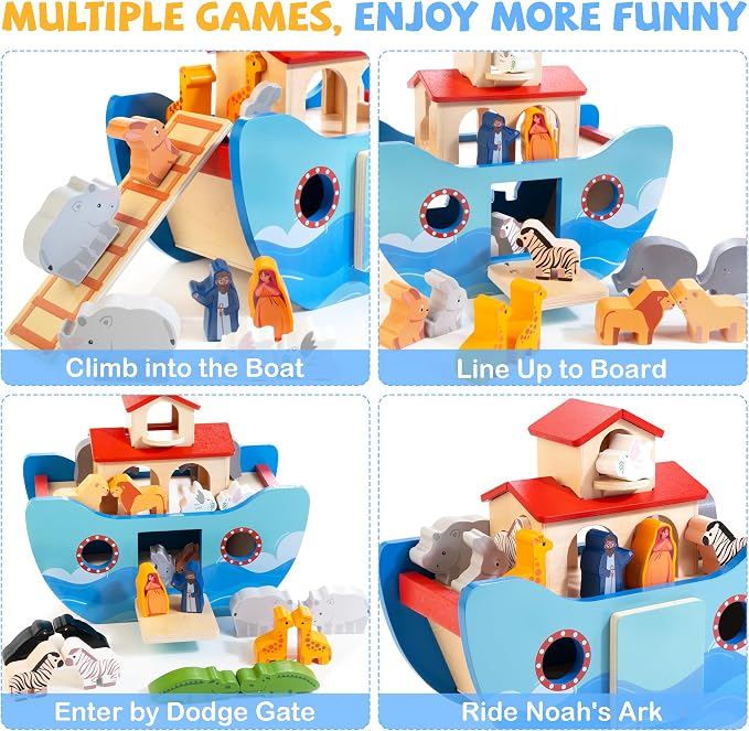 JUSTWOOD Wooden Noah's Ark Toy for Toddlers 1+ Years, Baptism Gift for Boys and Girls, Baby Montessori Educational Animal Shape Sorter Toy with Bible Story Book