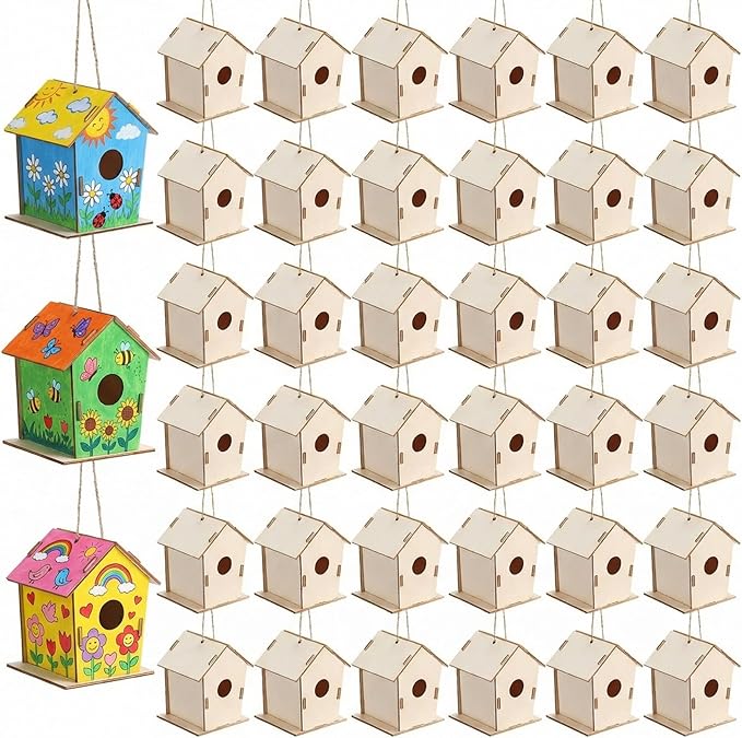 DoubleFill 120 Pcs 4.33" Wooden Bird Houses Crafts Kit for Kids DIY Unfinished Hanging Birdhouse for Art Painting Wood Toys Boy Girl Class Back to School Classroom Project Parties Creative Activity