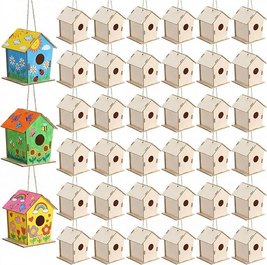 DoubleFill 120 Pcs 4.33" Wooden Bird Houses Crafts Kit for Kids DIY Unfinished Hanging Birdhouse for Art Painting Wood Toys Boy Girl Class Back to School Classroom Project Parties Creative Activity