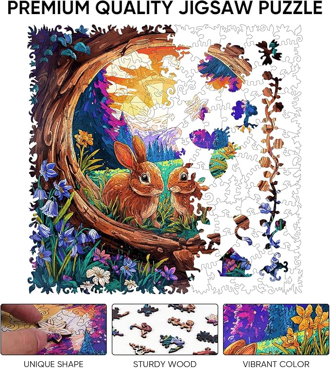 Ixfyloop Wooden Puzzles for Adults, Wooden Jigsaw Puzzles for Adults, Bunny Puzzle Wood Puzzles for Adults Wooden, Rabbit Puzzle Interlocking Family Game Birthday Gift 500 Pieces 15.9x15.7 Inch