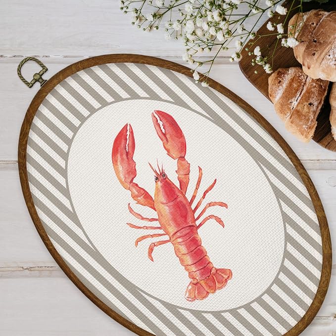 WULQYING Coastal Beach Red Lobster Wall Art Decor, Beach Nursery Oval Framed Canvas Art Prints, Neutral Striped Ocean Crawfish Wall Hanging Decor for Home Bedroom Kids Nursery Room, 8.6x11.4 Inches
