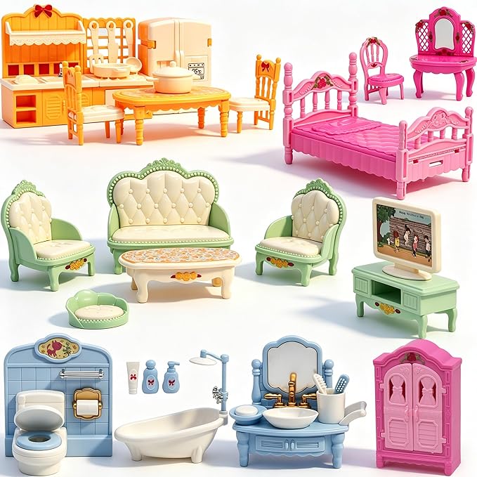 Dollhouse Furniture Set-38 Pcs, Miniature Doll House Accessories with Dogs and Cat ，Kitchen Bedroom Living Room Bathroom Furniture, Great Gift Idea
