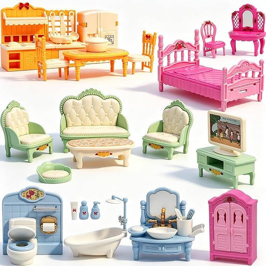 Dollhouse Furniture Set-38 Pcs, Miniature Doll House Accessories with Dogs and Cat ，Kitchen Bedroom Living Room Bathroom Furniture, Great Gift Idea