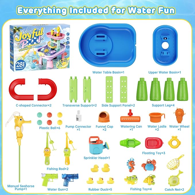 Toddler Water Table - Sensory Table for Kids with 28 Piece Sand Water Toy Set, Outdoor Water Play Table with Rain Shower Sprinkler, Summer Birthday Gift STEM Toy for Boys Girls Ages 3 4 5 6 7 8