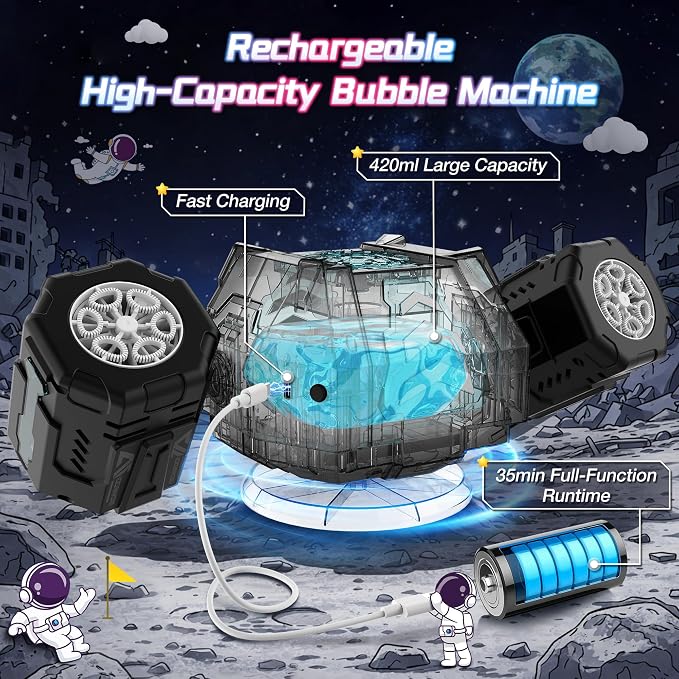 cossy Rechargeable Bubble Machine, 360° Automatic Rotation Bubble Machine for Kids, Bubble Maker with Remote Control, RGB Lights & 20000+ Bubbles Per Minute, Outdoor Toys Games for Kids/Adults (Black)