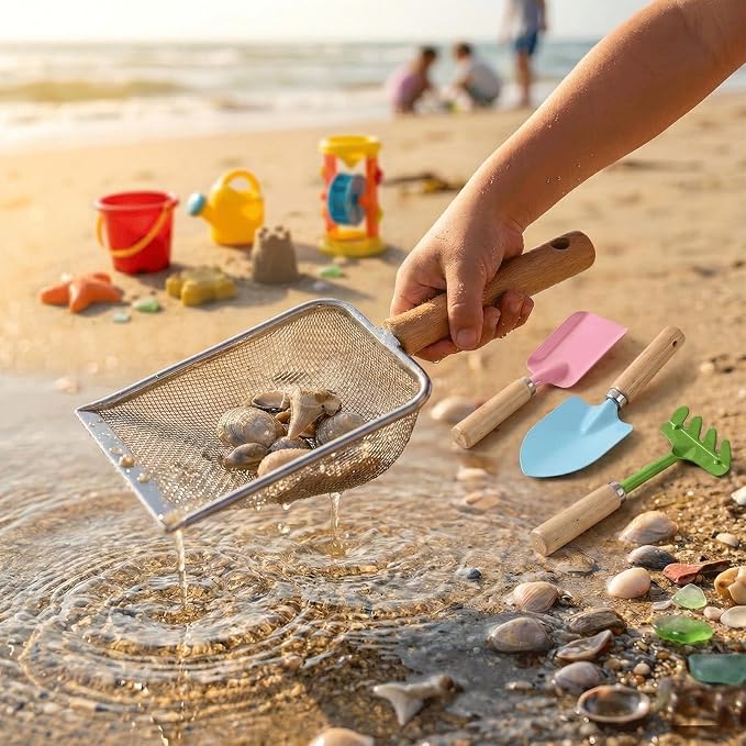 Beach Sand Toys for Kids Toddlers, Beach Mesh Shovel Rake Set with Sifter & Shell Clipping Tongs, Travel Mesh Scooper for Digging, Sifting Collecting Shells, Shark Tooth Sifter Dipper for Boys Girls
