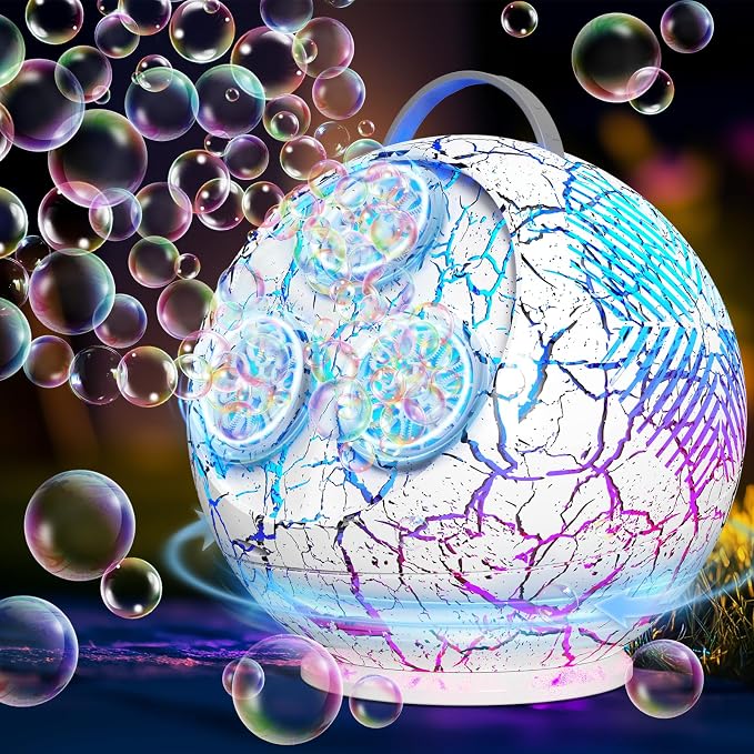 Bubble Machine Automatic Bubble Blower for Kids Toddlers Spherical LED Bubble Maker Electric Auto Rotating 45°/360° Outdoor Toy for Easter and Birthday Gift Party Wedding