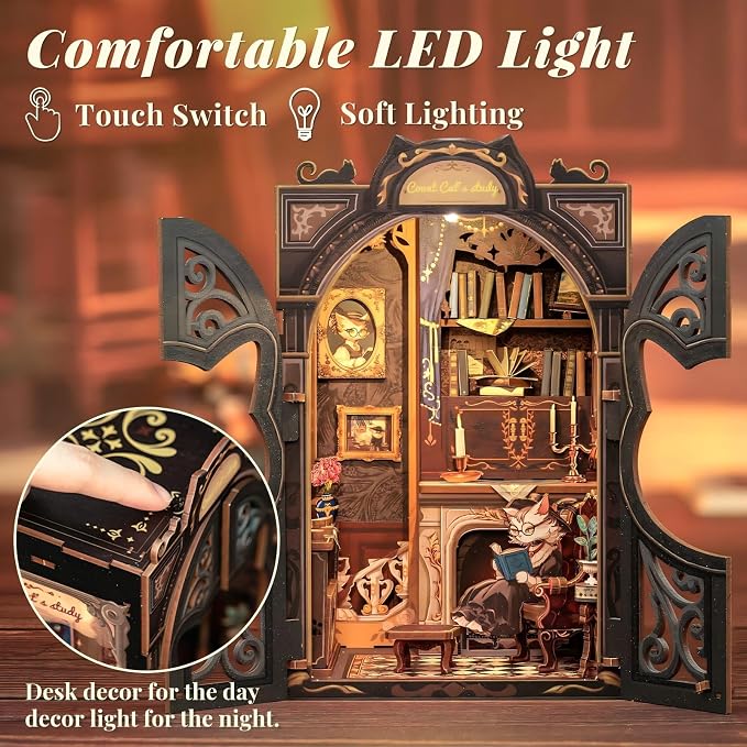 Fsolis Book Nook Kit Cat, DIY Scene Miniature House Kit (Count Cat's Study) | 3D Wooden Puzzles for Adults Booknook for Beginners Bookshelf Nook Decor Mini Building Kit Gift for Women Book Lovers