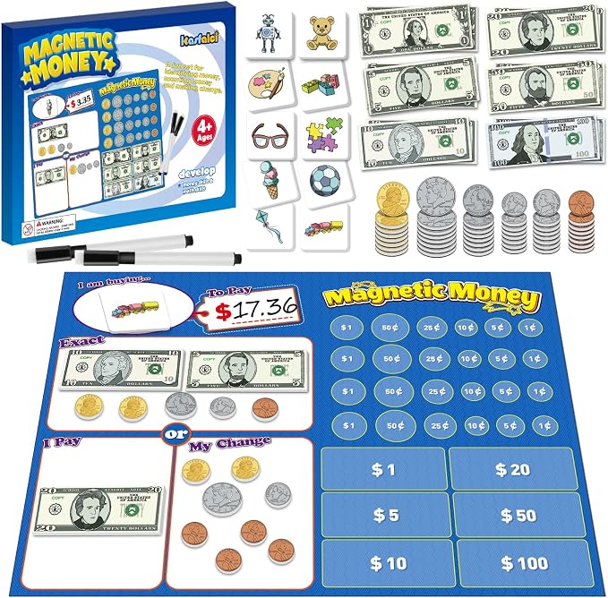Kasfalci 73 PCS Magnetic Money for Kids for Learning, Math Manipulatives, Learning & Education Toys for Classroom, Pretend Play, Math Games for Toddler, Teacher and Homeschool Supplies