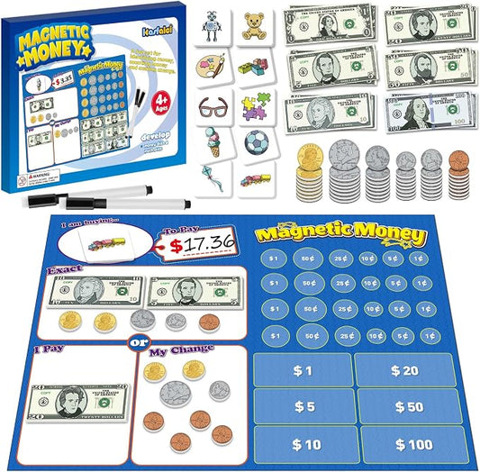 Kasfalci 73 PCS Magnetic Money for Kids for Learning, Math Manipulatives, Learning & Education Toys for Classroom, Pretend Play, Math Games for Toddler, Teacher and Homeschool Supplies