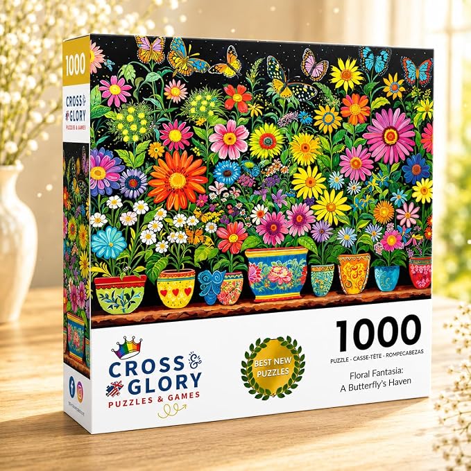 Cross & Glory | 1000 Piece Jigsaw Puzzles for Adults | Floral Fantasia: A Butterfly’s Haven | Garden Butterfly Puzzle | Satin Finish Flower Puzzles for Adults 1000 Pieces | Ages 14+