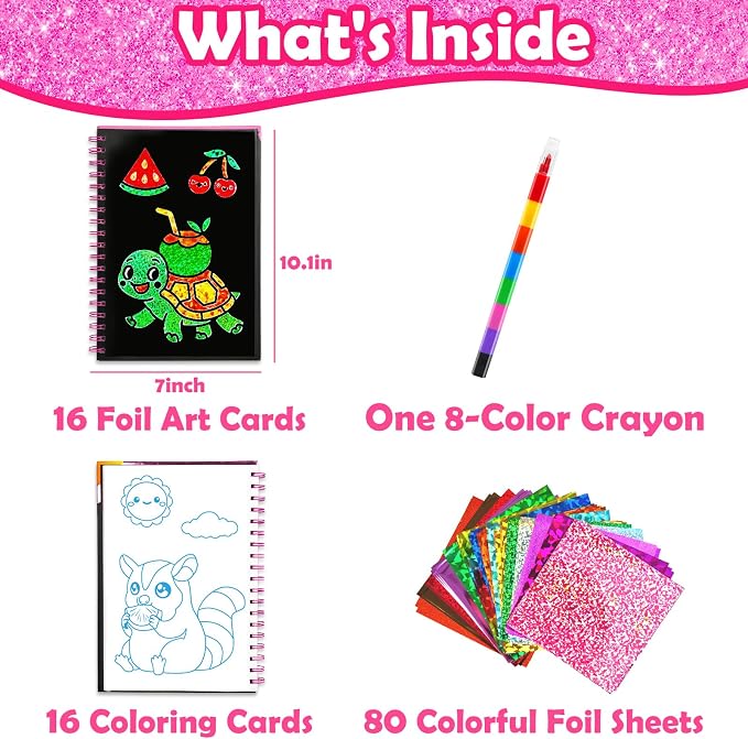 FUNNYB&G Foil Art Craft Kit for Girls 4-10 Years Old: Mess-Free & No-Glue, Create 16 Sparkly Cute Pet Pictures – Perfect Travel Toy & Birthday Gift for Kids（Cute Pet）