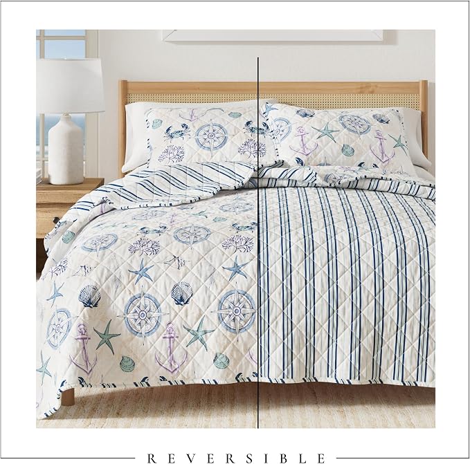 Great Bay Home Coastal Quilt Set - 3-Piece King/California King Size Blue Nautical Bedding Set - Lightweight, All-Season, Reversible Bedspread (Nautical Motif)
