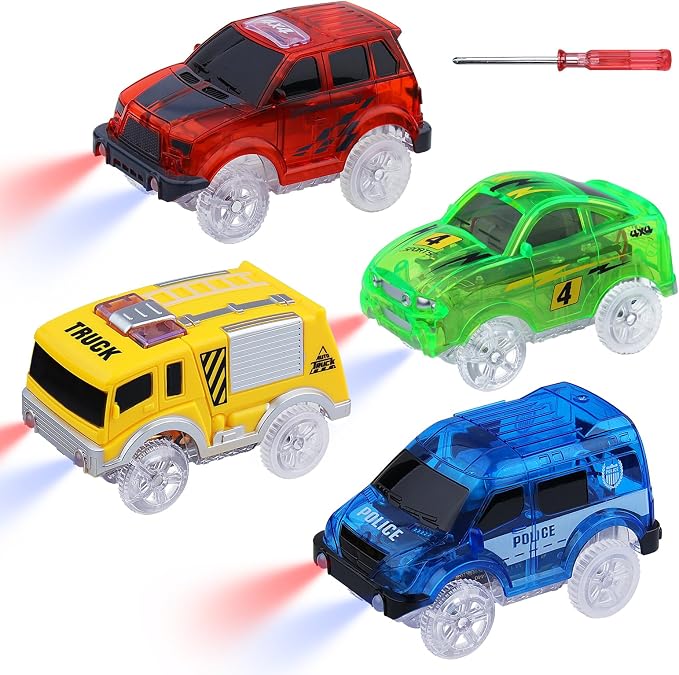 Tracks Cars 4PCS Magic LED Light-up Track Car Replacement Only,Flex Race Cars Glow in the Dark with 5 Flashing LED Lights Fits Most Tracks,Perfect Car Toys for 3-8 Kids,Boys&Girls