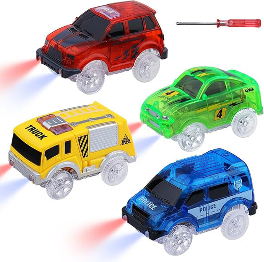 Tracks Cars 4PCS Magic LED Light-up Track Car Replacement Only,Flex Race Cars Glow in the Dark with 5 Flashing LED Lights Fits Most Tracks,Perfect Car Toys for 3-8 Kids,Boys&Girls