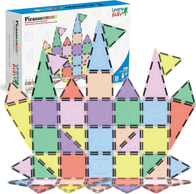 PicassoTiles 48PC Magnetic Tiles Pastel Building Construction Stacking Toy STEM Montessori Educational Magnet Tile Sensory Learning Playset For Toddlers Preschool Elementary Boys Girls Ages 3+ PTJ48JN