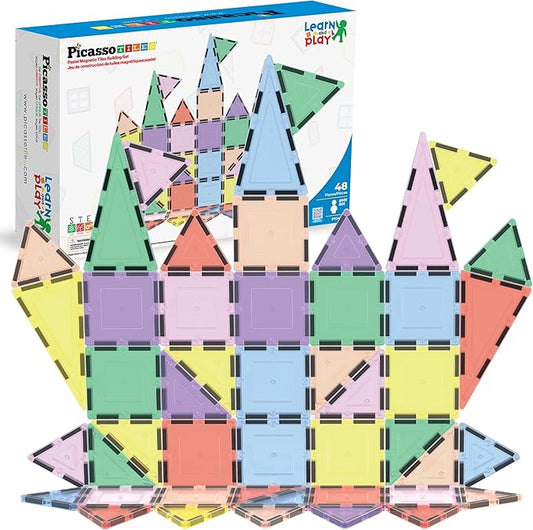 PicassoTiles 48PC Magnetic Tiles Pastel Building Construction Stacking Toy STEM Montessori Educational Magnet Tile Sensory Learning Playset For Toddlers Preschool Elementary Boys Girls Ages 3+ PTJ48JN