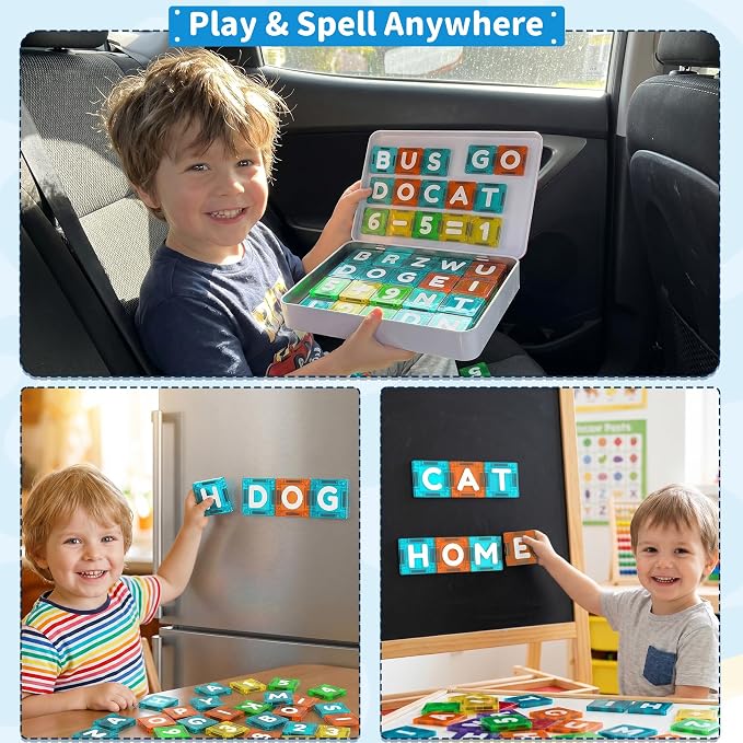 SKTMYY Magnetic Tiles Letters & Numbers, 69PCS Mini Travel Magnet Building Blocks Alphabet ABC Learning Toys for Kids Toddlers Montessori STEM Toy for Preschool Classroom Birthday Gifts for Boys Girls