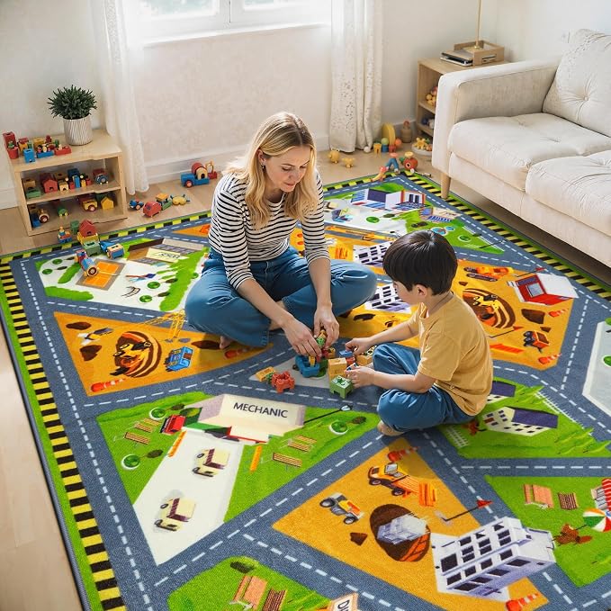 STARUIA Kids Carpet Playmat Rug, 5.3x6.6 Ultra Non-Slip Car Rug Play Mat Learn and Have Fun Educational City Road Car Carpet for Kids, Washable Car Kid Rugs for Boys Room Playroom Bedroom Nursery