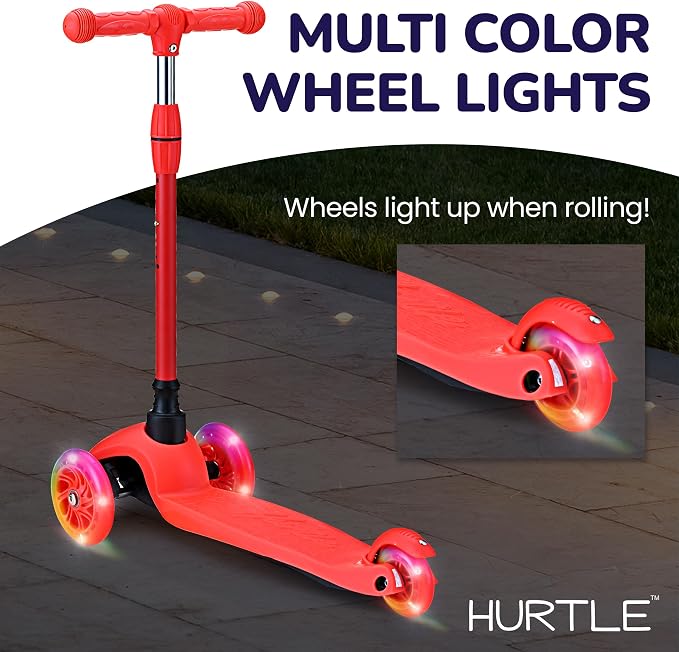 Hurtle Mini Kickboard 3 Wheel Scooter for Kids Ages 2-5 - Lean-to-Steer Toddler Scooter with Light-up LED Wheels, Adjustable Height & Rear Foot Brake for Boys. & Girls, Anti-Slip, Indoor/Outdoor
