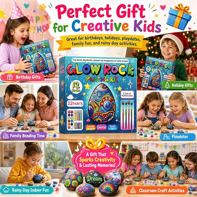 Rock Painting Kit for Kids Ages 6–12, Arts & Crafts Set, Creative Art Toys, Glow-in-the-Dark Rocks to Paint, Gifts for Birthdays & Holidays, Stocking Stuffers