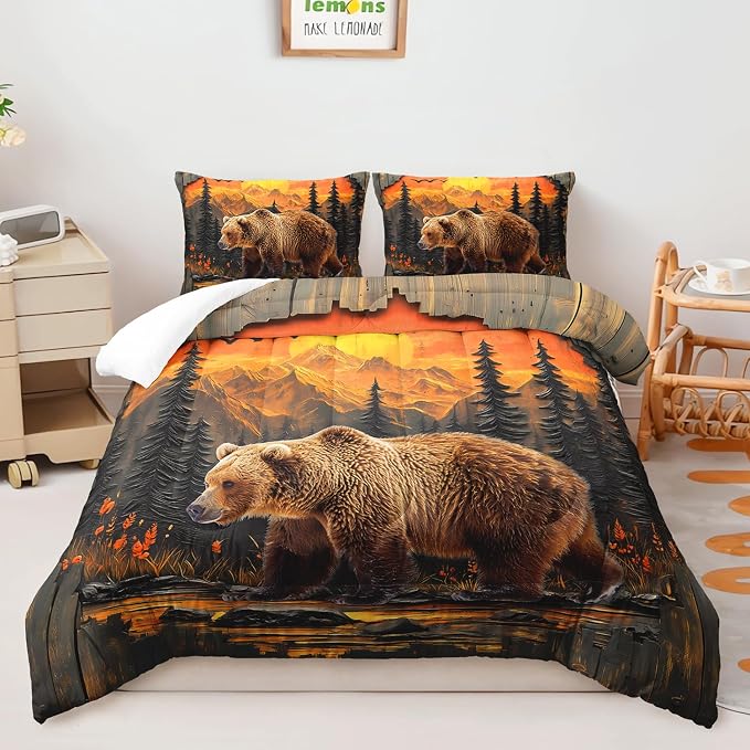 AILONEN Rustic Bear Bedding Set Queen Size,Wildlife Hunting Comforter with 2 Pillowcases,3-Piece Woodland Pine Forest Animal Duvet Set