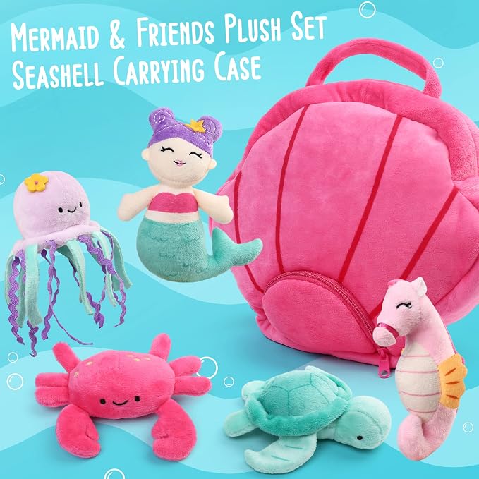 BenBen 5-Pack Ocean Stuffed Animal Set, Sea Creature Plush Toys with Shell Carrying Bag, Cute Plushies for Baby Toddler Kids, Sea Turtle, Octopus, Mermaid, Seahorse, Crab, Baby Shower Party Favors