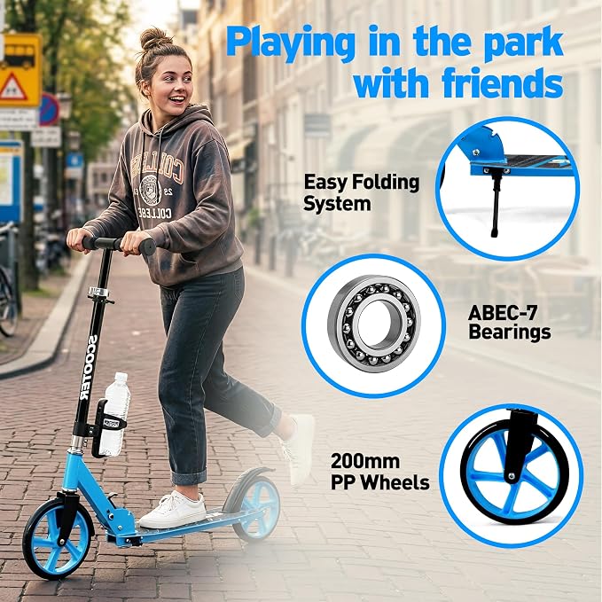 Scooter for Kids Ages 6+, Teens & Adults, Max Load 240 LBS, Foldable Kick Scooter with 8-inch Big Wheels, Kickstand, 3 Adjustable Levels, Rear Brake,