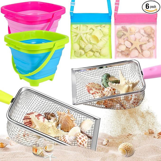 Meaicezli Beach Toys, 2 Packs Sand Toys for Shell Collecting, Collapsible Sand Buckets Shark Tooth Sifter and Mesh Bag, Shell Scooper for Beach Travel Essentials Kids Boys and Girls
