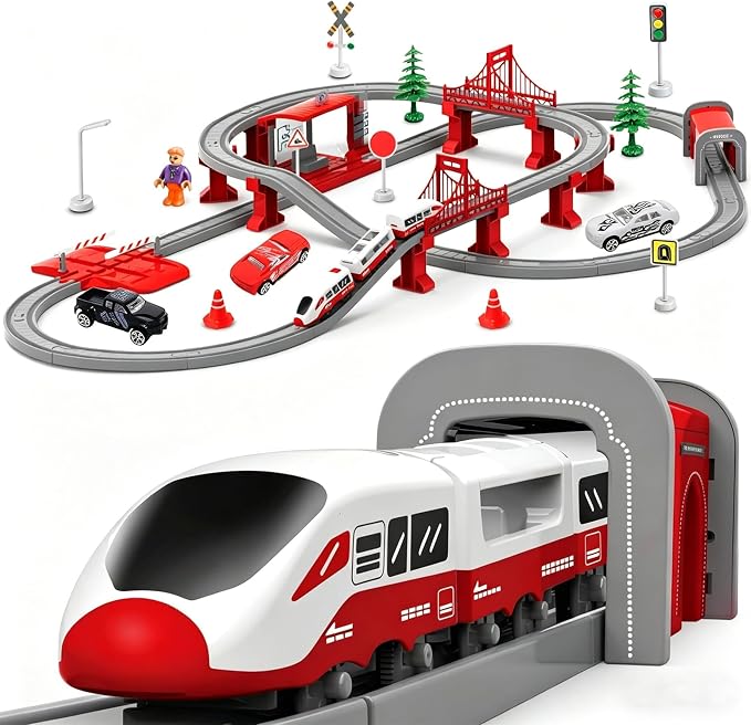 Wdmiya Train Sets for Toddlers, 104 Pcs Trains Toy with Battery Operated & Tracks (Magnetic Connection), Compatible with Thomas, Brio, Christmas Toy Gifts for 3 4 5 6 7 8 Years Old (City Red 104 Pcs)