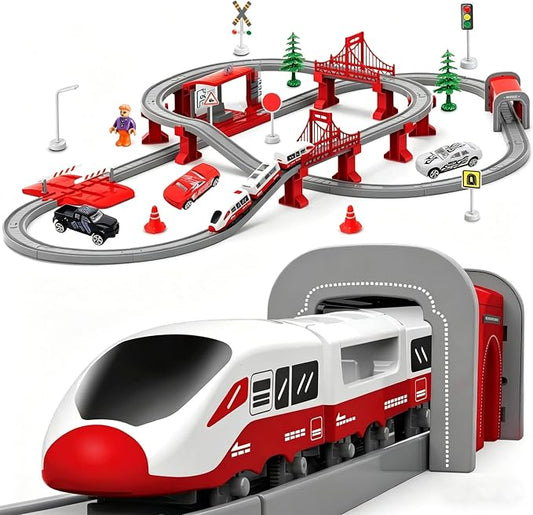 Wdmiya Train Sets for Toddlers, 104 Pcs Trains Toy with Battery Operated & Tracks (Magnetic Connection), Compatible with Thomas, Brio, Christmas Toy Gifts for 3 4 5 6 7 8 Years Old (City Red 104 Pcs)