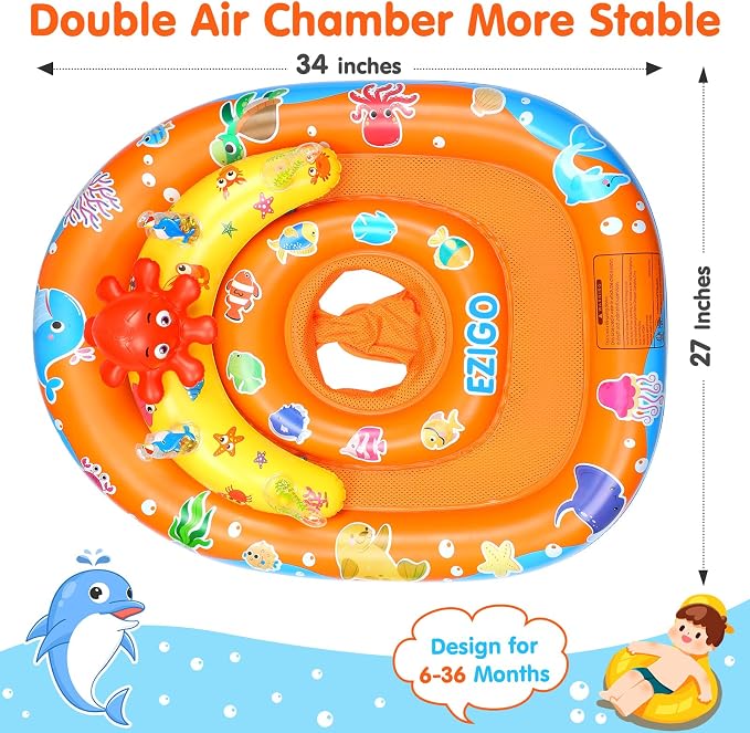 EZIGO Baby Pool Float with Canopy UPF50+ Sun Protection, Inflatable Kids Pool Floats with Ocean Animal Toys for Baby 6-36 Months, Infant Swimming Float with Adjustable Safety Seat for Boys Girls
