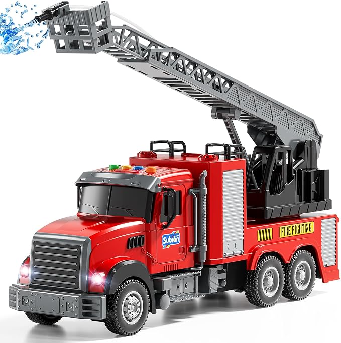 NIPLOOOW Kids Fire Truck Toy Friction Powered Fire Rescue Truck Vehicle Toy with Lights and Sirens Sounds, Water Pump, Ladder, Gifts for 3 4 5 6 7 8 Years Old Boys Girls
