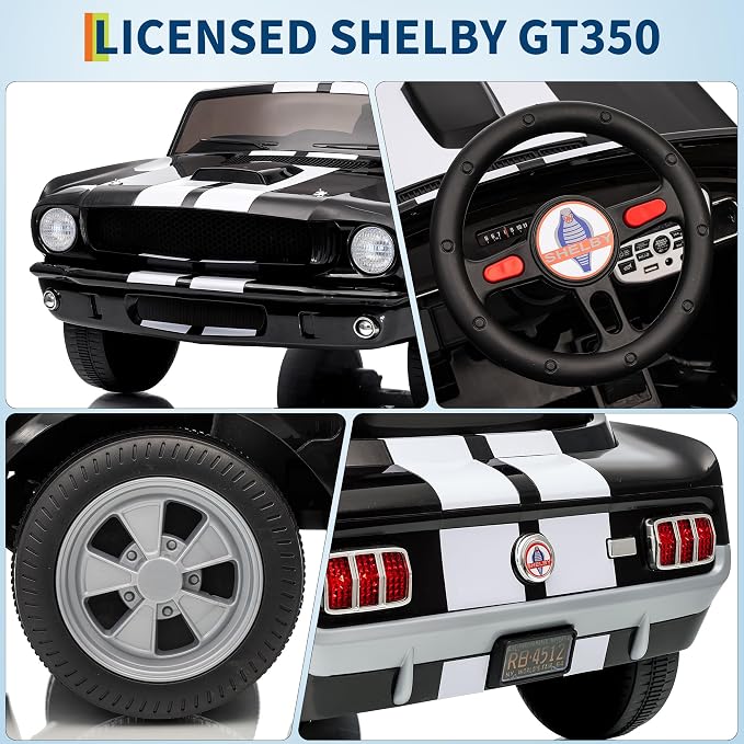Garvee 24V 2 Seater Ride on Licensed Shelby GT350, Battery Powered Ride on Toys for Kids with Remote Control, Ford Shelby Kids Electric Vehicle 2 Seat, Safety Belt, 2 Speeds, LED Lights, Black