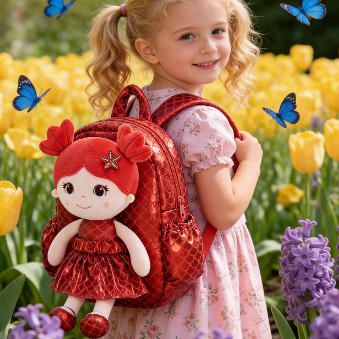 Lazada Toddler Backpack - Baby Girl Gifts Plush Doll Dress Backpack - Fashion Girls Tina Fish Scale Series - Red 11 Inches