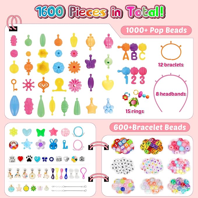 FUNZBO 1600 Pcs Pop Beads with Bracelet Making Kit, Jewelry Making Kit for Little Girls, Arts and Crafts Toys, Necklace Bracelet Ring Snap Set, Birthday Gifts for Kids Ages 3-9 Years Old