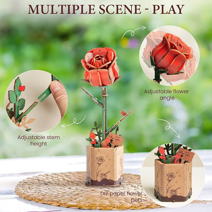 ROBOTIME Red Rose 3D Wooden Flower Puzzle, DIY Craft Kit for Adults, Everlasting Artificial Floral Bouquet, Creative Gift