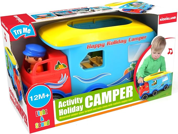 Kiddieland Happy Camper Motorized Toy RV with Lights & Sounds, Auto-Stop Action, Engine Revs & Horn, Interactive Buttons & Light-Up TV, for Toddlers Ages 1+