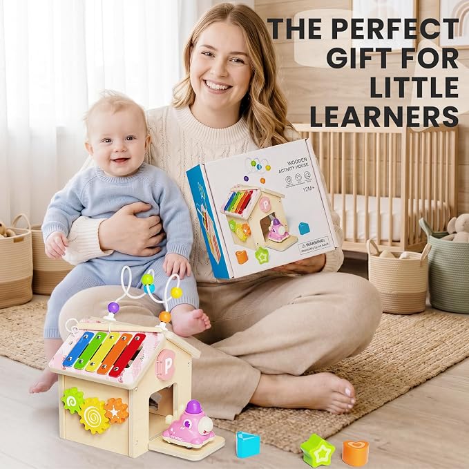 9-in-1 Wooden Activity Cube, Montessori Baby Activity Center Toys for 1+ Year Old Boys & Girls, Unicorn Theme Baby Cube with Car Toys & Shape Sorter, Educational Toy for Toddlers, Ideal Baby Gift