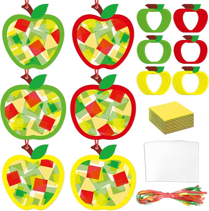 Qyeahkj 36 Set Back to School Apple Suncatchers Crafts for Kids DIY Fall Autumn Window Tissue Paper Craft Kit Hanging Decor for School Home Activity Art Project Birthday Party Favor Gift