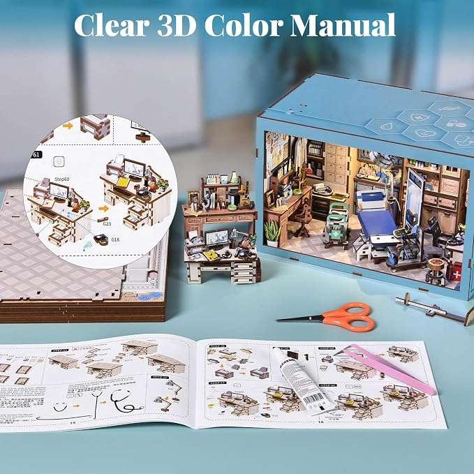 fifijoy Book Nook Kit - DIY Miniature House Doctors Clinic Dollhouse Kit for Adults, Book Nook Tiny House Bookshelf Decor Creative 3D Wooden Puzzle, Gifts for Family, Friends (Doctor's Office)