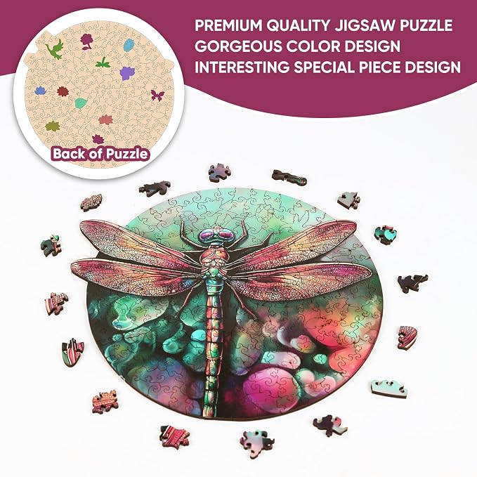 Mys Aurora Wooden Puzzles for Adults, Dragonfly Jigsaw Puzzles 200 Pieces, Unique Shaped Round Flower Puzzles for Adults and Kids, Family Game 11.2 x 10.8 Inch