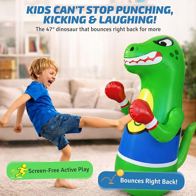 Preferred Toys 47" Inflatable Dinosaur Punching Bag for Kids - Durable Blow Up Kids Punching Bag with Bounce Back Base - Inflatable Indoor Outdoor Active Toddler Bop Play Toy